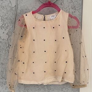 Zara Beige Tulle Sleeve Top with Black Dots